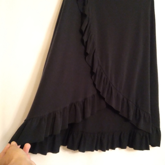 🎁 Free People, Vintage, Hi-Lo, Bohemian, Ruffled, Faux Wrap Skirt in Deep Black - Picture 6 of 12